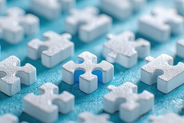 Close-up of white puzzle pieces with a single, light-blue center piece