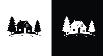 A black and white illustration of a house with trees on a hill, presented in two contrasting color schemes.