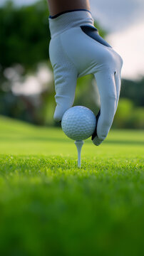 Golfer&rsquo;s hand in glove placing golf ball on tee over green grass. 
