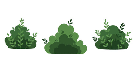 Three stylized depictions of green bushes with varying shapes and leaf details.
