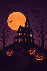 Spooky Haunted House Under Full Moon &ndash; Halloween Vector Illustration