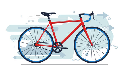 A red road bicycle with blue wheels and handlebars in a side profile view, depicted in a flat vector illustration style with motion arrows.