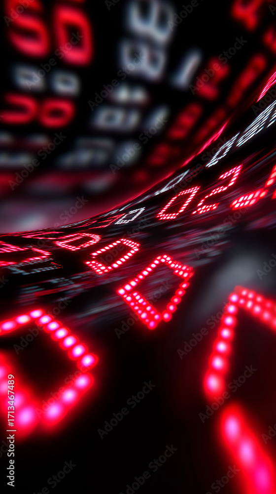 Poster red digital numbers glowing in perspective abstract tunnel.