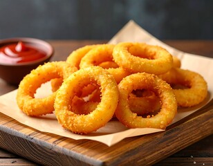 Crispy onion rings on a wooden board