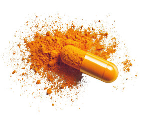 Orange capsule atop turmeric powder