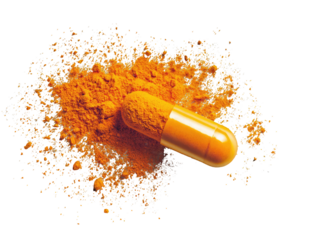 Orange capsule atop turmeric powder