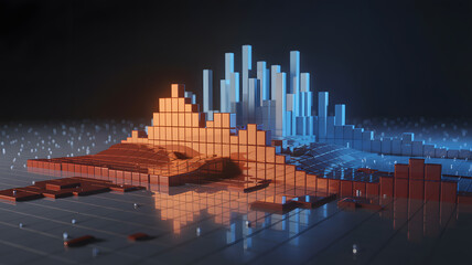 Dynamic 3D data visualization with glowing bars and reflective surfaces