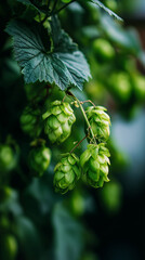 Close-up of fresh green hop cones with leaves. 
