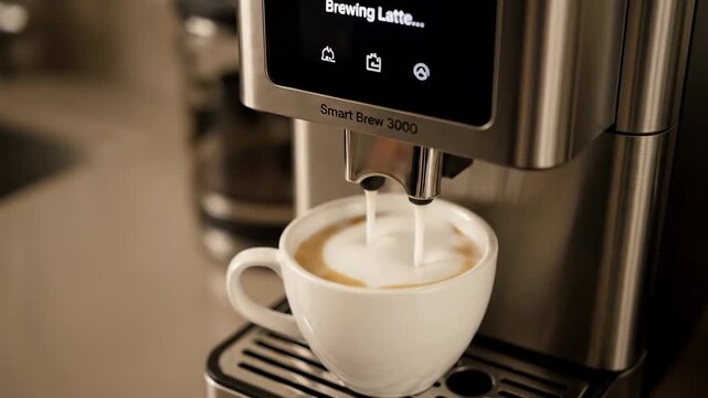 Close up smart coffee machine brewing latte phone app cinematic handheld smart kitchen lifestyle stock video. automated java maker preparing beverage mobile control modern domestic