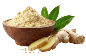 Ground ginger in wooden bowl, with fresh ginger root slices