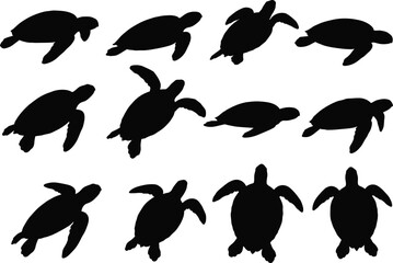 Silhouette collection of sea turtles swimming underwater, marine wildlife illustration, ocean conservation vector design for aquatic life and nature projects