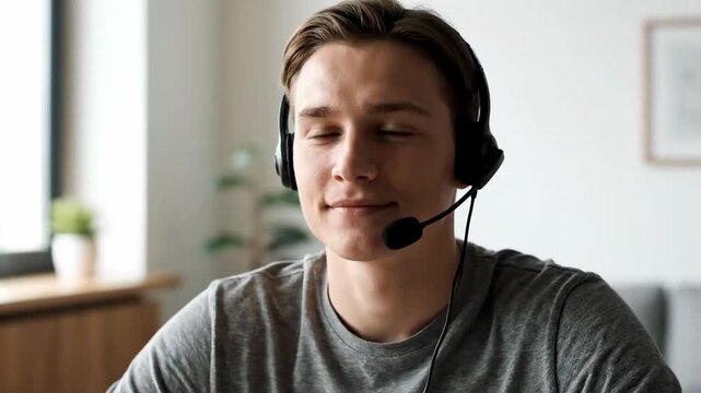 Close up student adjusting headset online lecture cinematic handheld remote education lifestyle stock video. pupil tweaking earphone virtual lesson handheld filmic distant learning