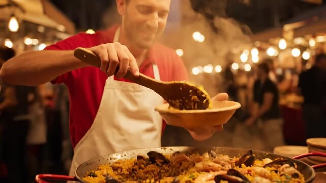 Close up street vendor serving paella Barcelona night market cinematic handheld cultural tourism lifestyle stock video. detail cook preparing rice dish barcelona evening bazaar