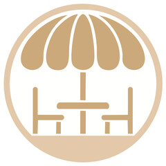 Elegant beige flat design icon for an open air bistro with umbrella table and chairs
