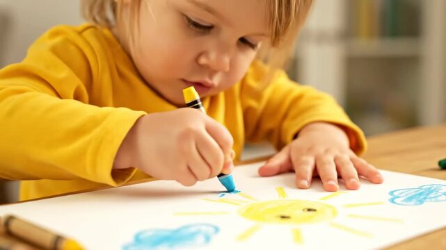 Close up toddler drawing sun clouds crayons cinematic handheld child creative lifestyle stock video. young kid artwork solar orb cumulus pastel filmic portable camera