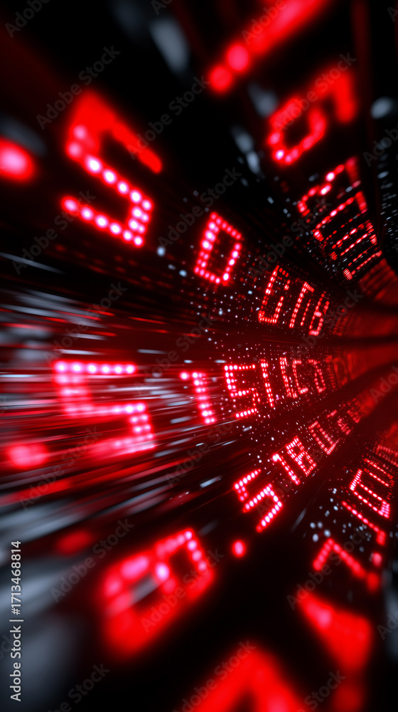Poster red digital numbers glowing in perspective abstract tunnel.