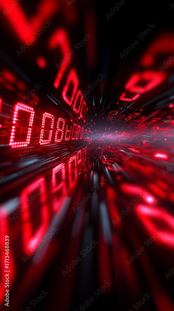 Poster red digital numbers glowing in perspective abstract tunnel.