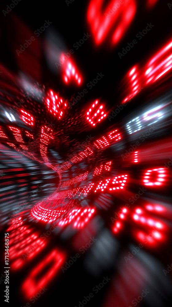 Poster red digital numbers glowing in perspective abstract tunnel.