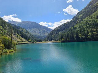 The stunning scenery of a lake in summer in the Jiuzhaigou National Park, China