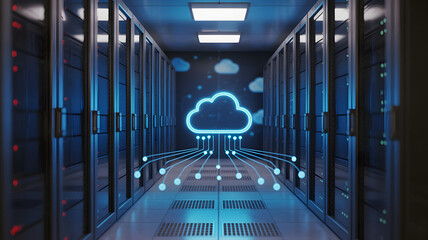 Glowing cloud network connecting servers in a modern data center hallway