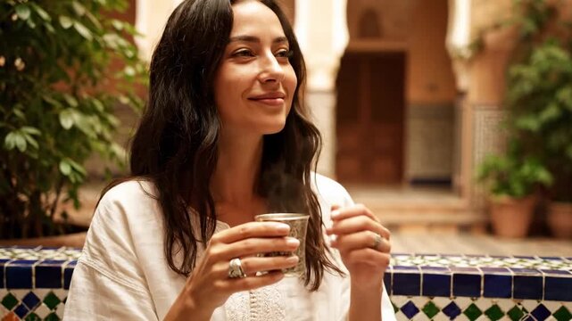 Close up traveler sipping coconut water tropical beach cinematic handheld leisure travel lifestyle stock video. journeyer enjoying coco beverage exotic coast filmic portable camera