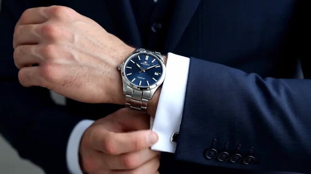 Close up wristwatch suited adjusting cufflinks cinematic handheld luxury fashion lifestyle stock video. elegant timepiece formal attire sleeve link adjusting handheld shot
