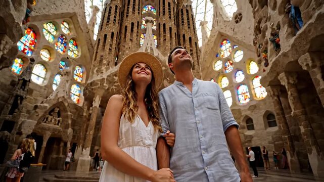 Couple admiring stained glass windows inside Notre Dame cinematic handheld cultural travel lifestyle stock video. pair marveling colored pane inside cathedral artistic journey