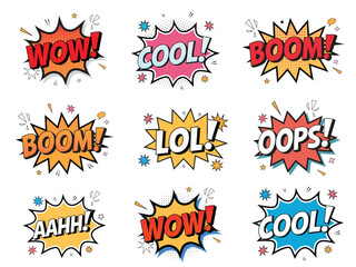 Colorful Comic Lettering Speech Bubble Text Set with Words WOW, COOL, BOOM, LOL, OOPS, and AAHH in Retro Pop Art Style for Stickers and Design