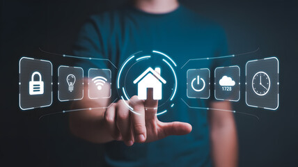 Man interacts with futuristic smart home interface controlling security lights and climate