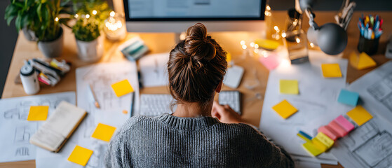Creative Workspace Filled With Notes and Ideas at a Desk During a Productive Evening