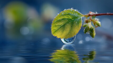 A single vibrant green leaf glistens with water droplets above a rippling water surface with soft bokeh lights.