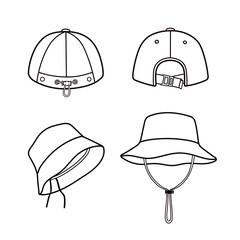 Vector illustration of adjustable hat cord and strap designs on baseball cap and bucket hat isolated on transparent background