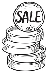 Illustration of a stack of coins with SALE text on the top coin, a graphic drawing