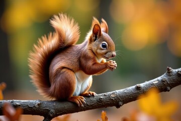 A fluffy brown squirrel on autumn branches in a Czech park , animal photography, outdoor