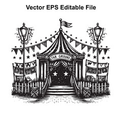 Vector art of vintage circus tent entrance with flags and street lamps