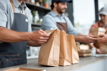 A delivery driver picking up bags of food from the counter Staff hands them over quickly The mood feels fast and professional, Generative AI 