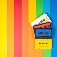 Fototapeta premium A vintage cassette tape and an old VHS tape rest atop vibrant, rainbow-colored paper, creating a nostalgic and playful contrast of retro media.