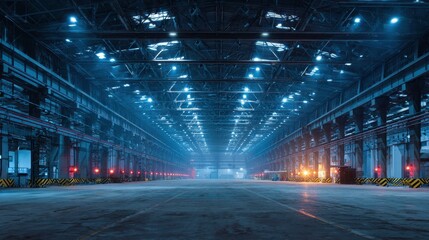 Large Industrial Warehouse Interior with Blue Lighting