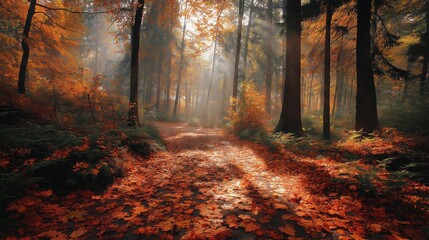 Sunlit forest path covered with multicolored autumn leaves, misty atmosphere and dappled light for seasonal branding, travel blogs, cinematic backgrounds

