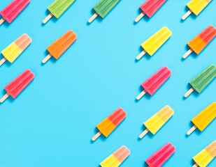 A vibrant array of colorful pops displayed against a bright blue background, showcasing their glossy surfaces and enticing textures, inviting attention.