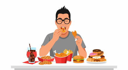 A person with glasses eating fast food, surrounded by various unhealthy food items.