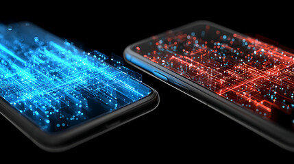 Smartphones Displaying Vibrant Blue and Red Digital Connectivity Patterns in a Dark Environment