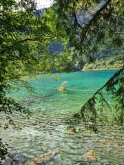 Reflection on the surface of a lake in summer in Jiuzhaigou National Park, China.