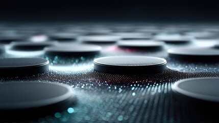 Abstract Array of Black and Silver Rounded Structures with Blue and Red Particle Lights Floating on Dark Background Macro Shot