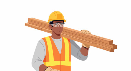 Construction worker carrying lumber on shoulder.