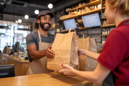 A delivery driver picking up bags of food from the counter Staff hands them over quickly The mood feels fast and professional