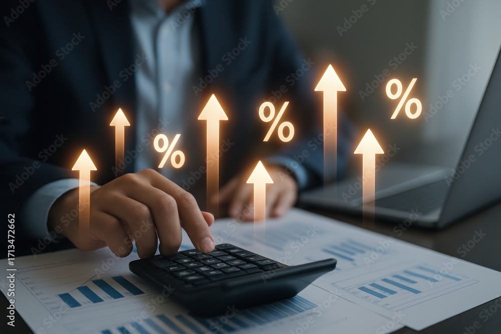 Poster long term investment. calculating financial data with graphs and percentage indicators for analysis 