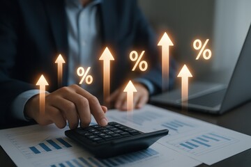 Long term investment. Calculating financial data with graphs and percentage indicators for analysis and decision-making.