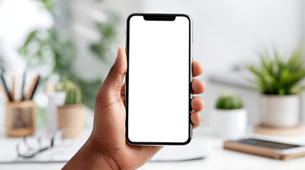 Hand Holding a Smartphone With a Blank Screen in a Bright Indoor Workspace With Plants and Office Supplies