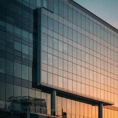 Obraz premium Building Exterior with Glass Facade Reflecting Sunset Light